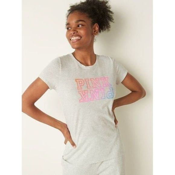 PINK Victoria Secret Medium Gray Ombre Rainbow Everyday Short Sleeve Tee Shirt - Picture 1 of 2
